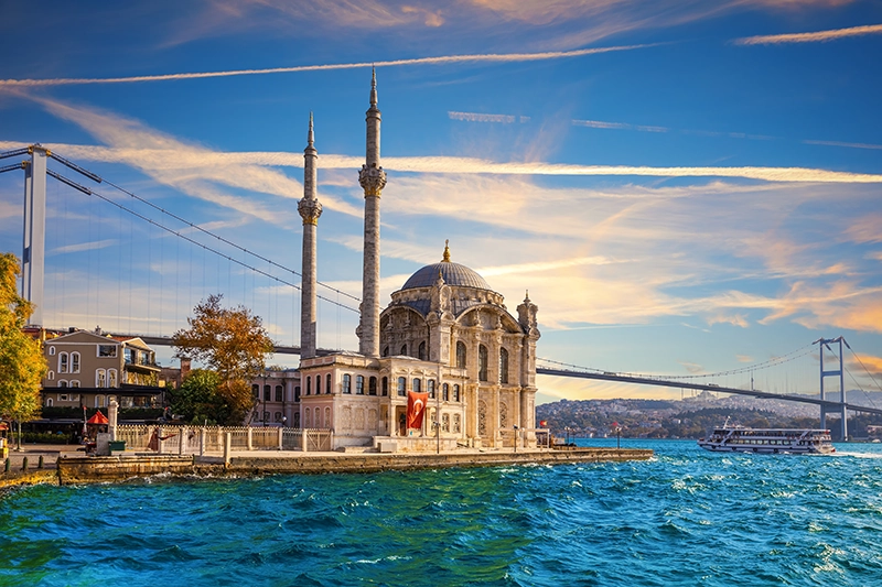 Ortakoy Mosque and the Bosphorus bridge beautiful evening view, Istanbul, Turkey